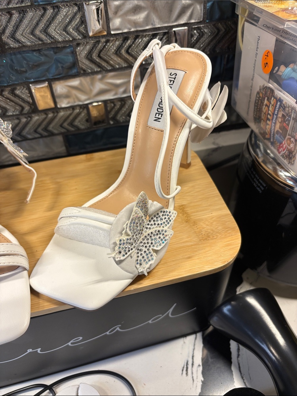 Steve Madden White Crystal Floral Strappy Heels - Picture 5 of 9